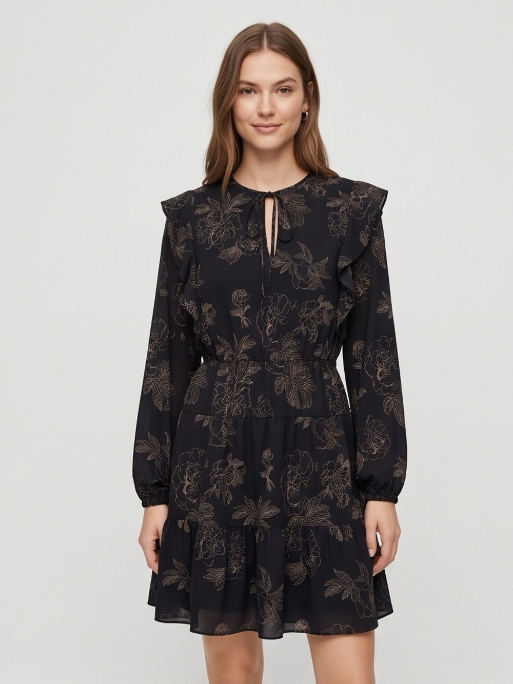 NWT - Aritzia Wilfred Marvelle Black Vinland Floral Ruffle Mini Dress – Size S